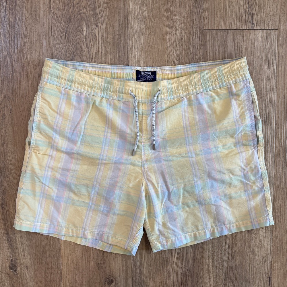 Vilebrequin Mens XL Swim Trunks Yellow Pastel Plaid Mesh Lined Board Shorts 4.5"